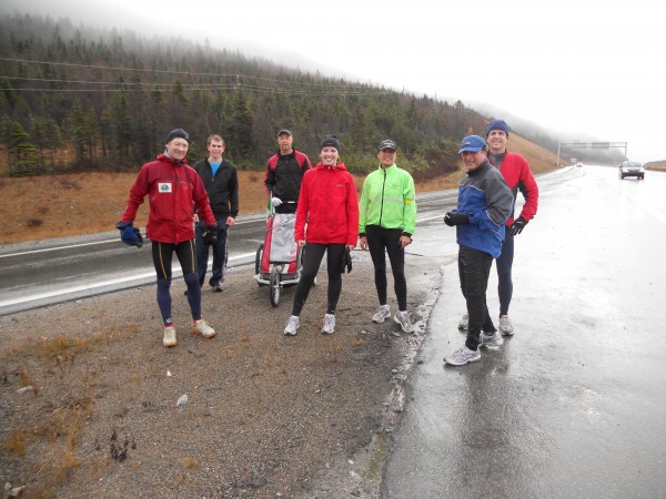 I say goodbye to the Corner Brook runners and run on another 32km on my own. Katheryn is in the center in red.